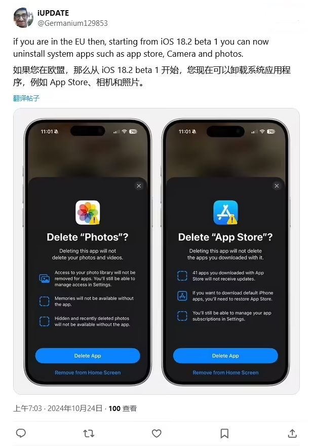 达坂城苹果手机维修分享iOS 18.2 支持删除 App Store 应用商店 