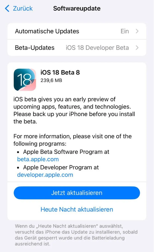 达坂城苹果手机维修分享苹果 iOS / iPadOS 18 开发者预览版 Beta 8 发布 